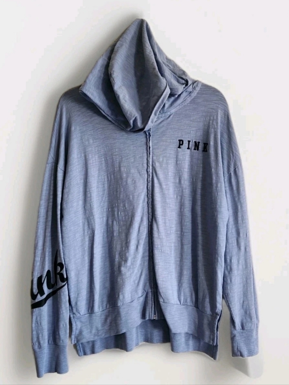 Victoria's Secret PINK Blue Marl Full Zip Hoodie Med Logo Cooling 100% Cotton